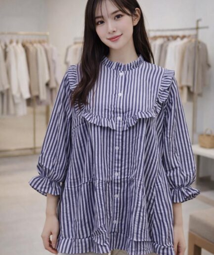 Classic Striped Ruffle-Trim Tunic Blouse (1 Piece)